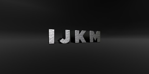 I J K M - hammered metal finish text on black studio - 3D rendered royalty free stock photo. This image can be used for an online website banner ad or a print postcard.