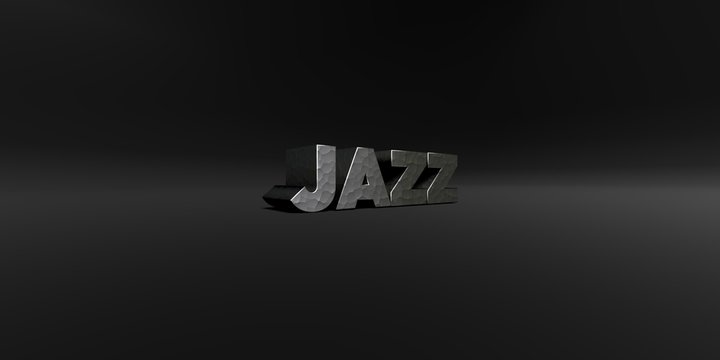 JAZZ - hammered metal finish text on black studio - 3D rendered royalty free stock photo. This image can be used for an online website banner ad or a print postcard.