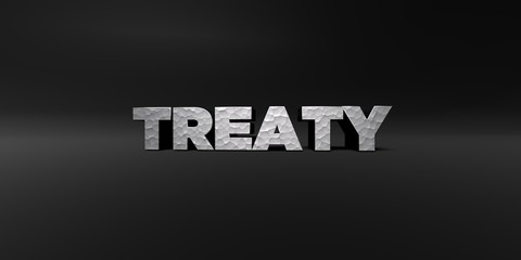 TREATY - hammered metal finish text on black studio - 3D rendered royalty free stock photo. This image can be used for an online website banner ad or a print postcard.