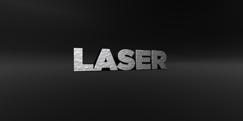 LASER - hammered metal finish text on black studio - 3D rendered royalty free stock photo. This image can be used for an online website banner ad or a print postcard.