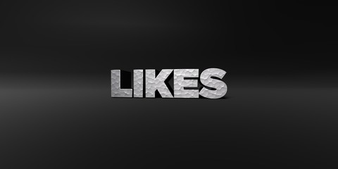 LIKES - hammered metal finish text on black studio - 3D rendered royalty free stock photo. This image can be used for an online website banner ad or a print postcard.