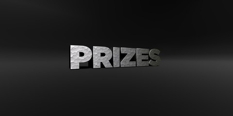 PRIZES - hammered metal finish text on black studio - 3D rendered royalty free stock photo. This image can be used for an online website banner ad or a print postcard.