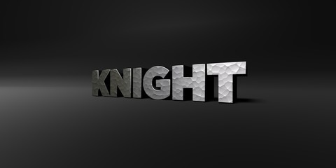 KNIGHT - hammered metal finish text on black studio - 3D rendered royalty free stock photo. This image can be used for an online website banner ad or a print postcard.