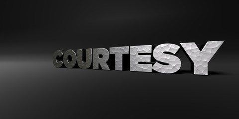 COURTESY - hammered metal finish text on black studio - 3D rendered royalty free stock photo. This image can be used for an online website banner ad or a print postcard.