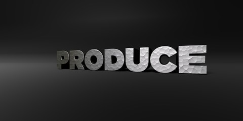 PRODUCE - hammered metal finish text on black studio - 3D rendered royalty free stock photo. This image can be used for an online website banner ad or a print postcard.