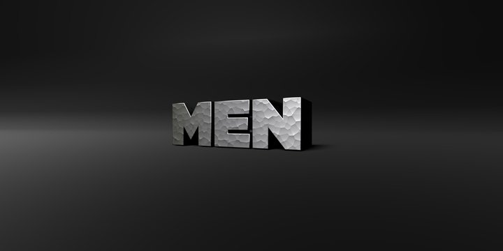 MEN - hammered metal finish text on black studio - 3D rendered royalty free stock photo. This image can be used for an online website banner ad or a print postcard.