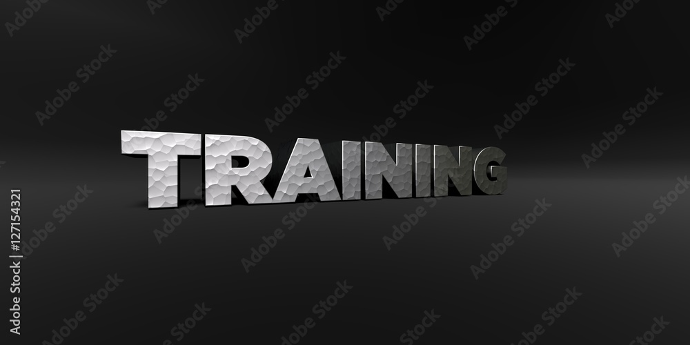 Fototapete training - hammered metal finish text on black studio - 3d rendered royalty free stock photo. this i