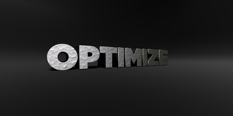 OPTIMIZE - hammered metal finish text on black studio - 3D rendered royalty free stock photo. This image can be used for an online website banner ad or a print postcard.