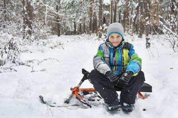 Fototapeta na wymiar In winter, the snow-covered forest boy sitting on a sledge.