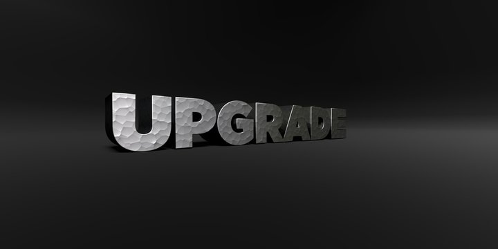 UPGRADE - hammered metal finish text on black studio - 3D rendered royalty free stock photo. This image can be used for an online website banner ad or a print postcard.