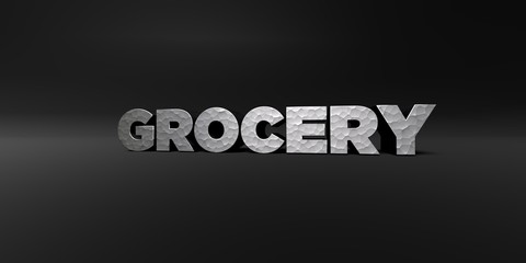 GROCERY - hammered metal finish text on black studio - 3D rendered royalty free stock photo. This image can be used for an online website banner ad or a print postcard.