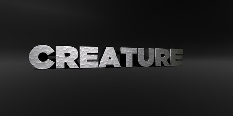 CREATURE - hammered metal finish text on black studio - 3D rendered royalty free stock photo. This image can be used for an online website banner ad or a print postcard.