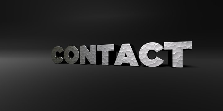 CONTACT - hammered metal finish text on black studio - 3D rendered royalty free stock photo. This image can be used for an online website banner ad or a print postcard.