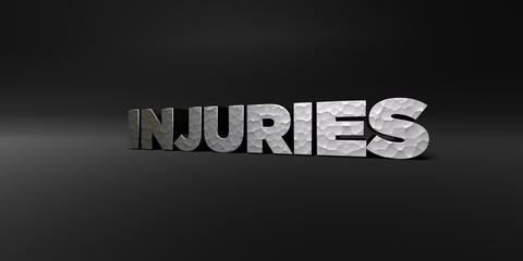 INJURIES - hammered metal finish text on black studio - 3D rendered royalty free stock photo. This image can be used for an online website banner ad or a print postcard.