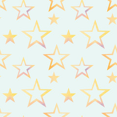 Seamless pattern with colorful watercolor stars on blue background.