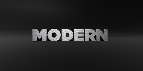 MODERN - hammered metal finish text on black studio - 3D rendered royalty free stock photo. This image can be used for an online website banner ad or a print postcard.