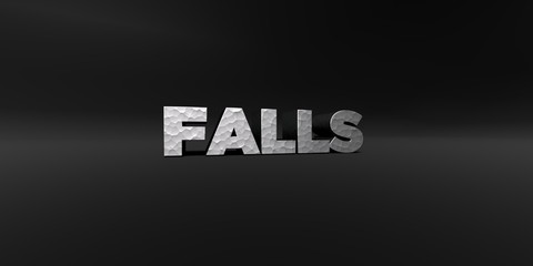 FALLS - hammered metal finish text on black studio - 3D rendered royalty free stock photo. This image can be used for an online website banner ad or a print postcard.