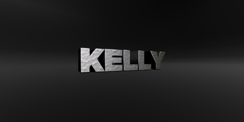 KELLY - hammered metal finish text on black studio - 3D rendered royalty free stock photo. This image can be used for an online website banner ad or a print postcard.