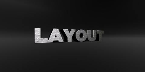 LAYOUT - hammered metal finish text on black studio - 3D rendered royalty free stock photo. This image can be used for an online website banner ad or a print postcard.