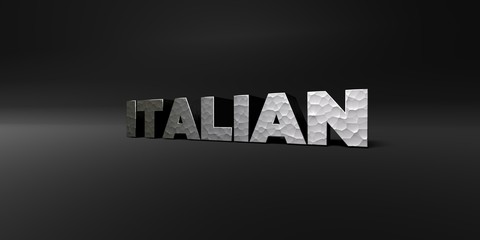 ITALIAN - hammered metal finish text on black studio - 3D rendered royalty free stock photo. This image can be used for an online website banner ad or a print postcard.