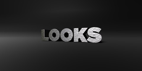 LOOKS - hammered metal finish text on black studio - 3D rendered royalty free stock photo. This image can be used for an online website banner ad or a print postcard.