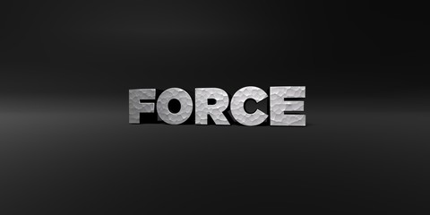 FORCE - hammered metal finish text on black studio - 3D rendered royalty free stock photo. This image can be used for an online website banner ad or a print postcard.