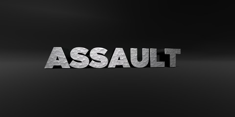 ASSAULT - hammered metal finish text on black studio - 3D rendered royalty free stock photo. This image can be used for an online website banner ad or a print postcard.