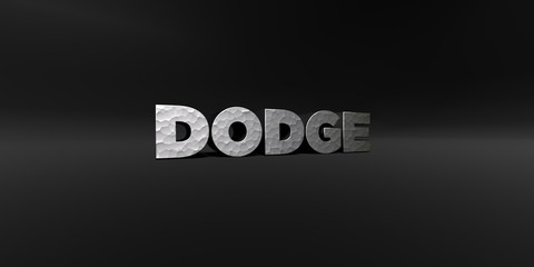 DODGE - hammered metal finish text on black studio - 3D rendered royalty free stock photo. This image can be used for an online website banner ad or a print postcard.