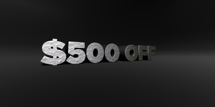 $500 OFF - hammered metal finish text on black studio - 3D rendered royalty free stock photo. This image can be used for an online website banner ad or a print postcard.