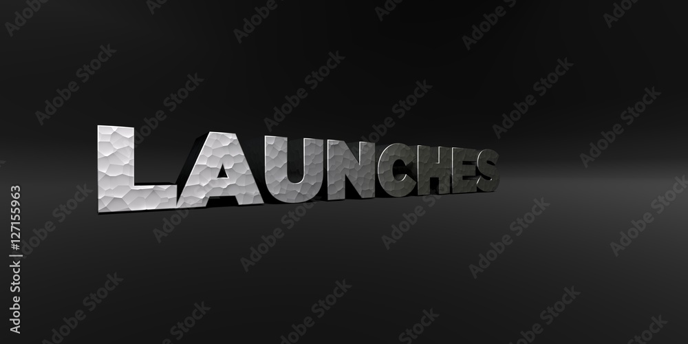 Fototapete launches - hammered metal finish text on black studio - 3d rendered royalty free stock photo. this i