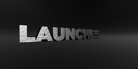 LAUNCHES - hammered metal finish text on black studio - 3D rendered royalty free stock photo. This image can be used for an online website banner ad or a print postcard.