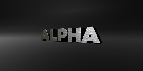 ALPHA - hammered metal finish text on black studio - 3D rendered royalty free stock photo. This image can be used for an online website banner ad or a print postcard.