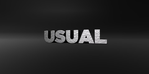 USUAL - hammered metal finish text on black studio - 3D rendered royalty free stock photo. This image can be used for an online website banner ad or a print postcard.