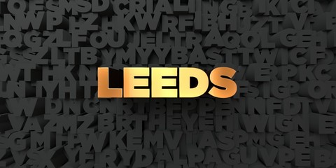 Leeds - Gold text on black background - 3D rendered royalty free stock picture. This image can be used for an online website banner ad or a print postcard.