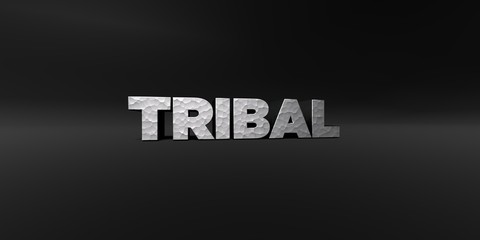 TRIBAL - hammered metal finish text on black studio - 3D rendered royalty free stock photo. This image can be used for an online website banner ad or a print postcard.