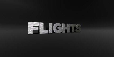 FLIGHTS - hammered metal finish text on black studio - 3D rendered royalty free stock photo. This image can be used for an online website banner ad or a print postcard.