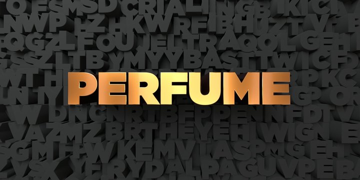 Perfume - Gold text on black background - 3D rendered royalty free stock picture. This image can be used for an online website banner ad or a print postcard.