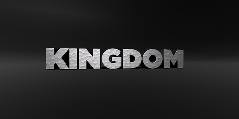 KINGDOM - hammered metal finish text on black studio - 3D rendered royalty free stock photo. This image can be used for an online website banner ad or a print postcard.