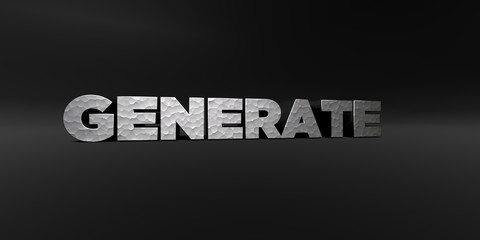 GENERATE - hammered metal finish text on black studio - 3D rendered royalty free stock photo. This image can be used for an online website banner ad or a print postcard.