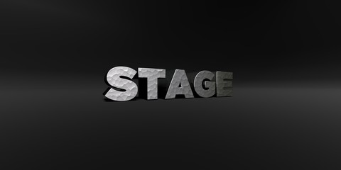STAGE - hammered metal finish text on black studio - 3D rendered royalty free stock photo. This image can be used for an online website banner ad or a print postcard.