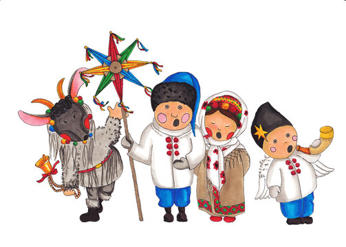 Kolyada stylized drawing of children on a white background