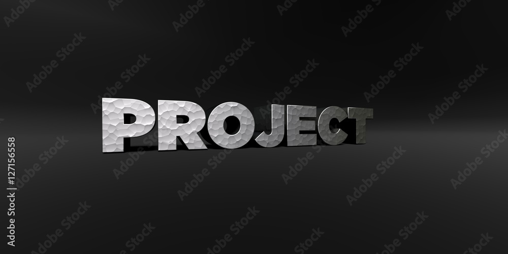 Fototapete project - hammered metal finish text on black studio - 3d rendered royalty free stock photo. this im