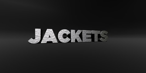 JACKETS - hammered metal finish text on black studio - 3D rendered royalty free stock photo. This image can be used for an online website banner ad or a print postcard.