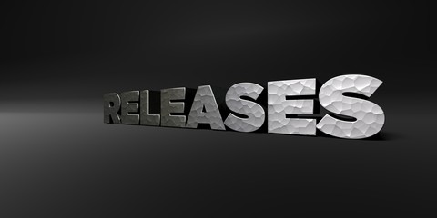 RELEASES - hammered metal finish text on black studio - 3D rendered royalty free stock photo. This image can be used for an online website banner ad or a print postcard.