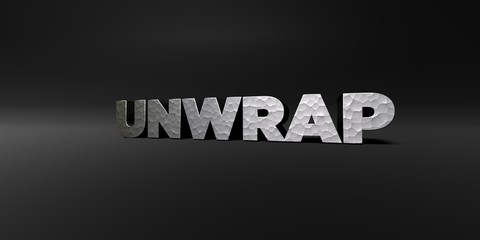 UNWRAP - hammered metal finish text on black studio - 3D rendered royalty free stock photo. This image can be used for an online website banner ad or a print postcard.