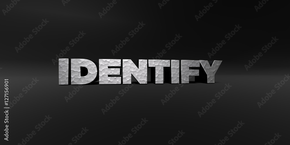 Fototapete identify - hammered metal finish text on black studio - 3d rendered royalty free stock photo. this i