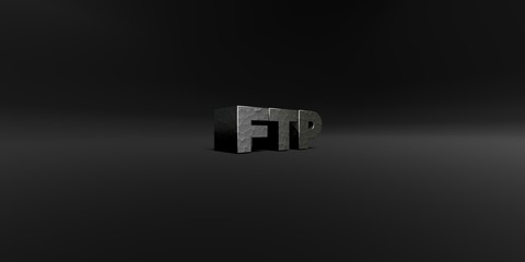 FTP - hammered metal finish text on black studio - 3D rendered royalty free stock photo. This image can be used for an online website banner ad or a print postcard.