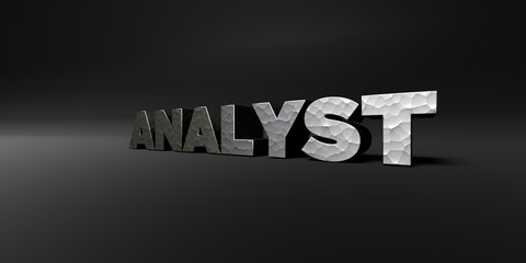 ANALYST - hammered metal finish text on black studio - 3D rendered royalty free stock photo. This image can be used for an online website banner ad or a print postcard.