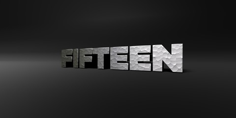 FIFTEEN - hammered metal finish text on black studio - 3D rendered royalty free stock photo. This image can be used for an online website banner ad or a print postcard.