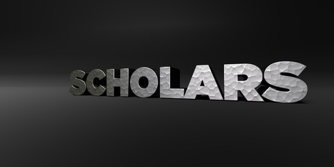 SCHOLARS - hammered metal finish text on black studio - 3D rendered royalty free stock photo. This image can be used for an online website banner ad or a print postcard.